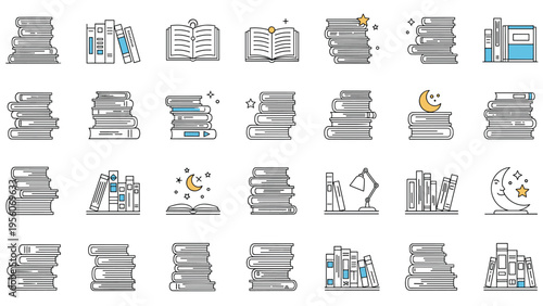 Extensive collection of book icons in stacks, rows, and open positions with additional elements like a lamp, moon, and stars.