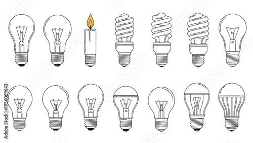 Detailed line art set of various light bulbs including incandescent, energy-saving spirals, LEDs, and a single lit candle.