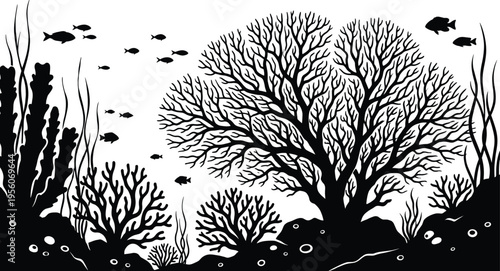 Black silhouette of an underwater coral reef scene with sea plants tropical fish and seaweed for marine life nature decoration