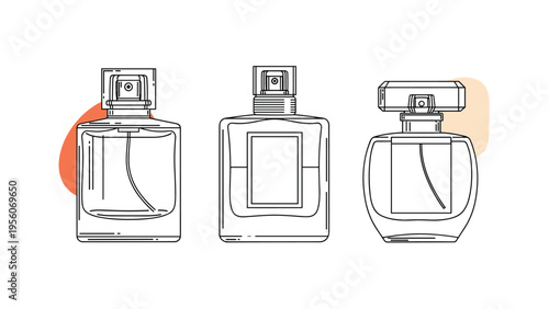 Three differently shaped glass perfume bottles with stylish caps and labels depicted in a clean line art illustration style.