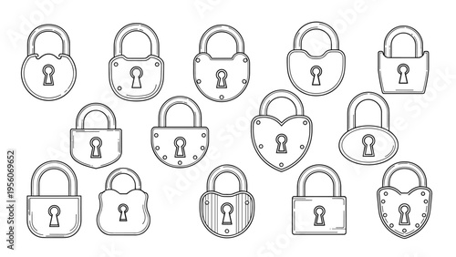 Extensive collection of padlock line art illustrations featuring various shapes like hearts, ovals, and rectangles with keyholes.