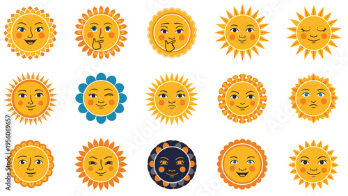 Whimsical collection of sun characters featuring human-like faces with various expressions, hair styles, and colors for children's art.