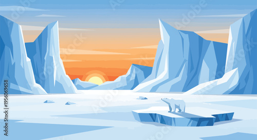 Polar bear on ice floe at sunset in arctic wonderland with towering icebergs and icy terrain