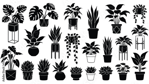 Wide variety of indoor plant silhouettes featuring different foliage types, pot styles, and stands for interior design visualization.