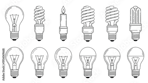 Detailed line art depicting a range of light bulb designs from classic incandescent to modern energy-efficient spiral and LED bulbs.