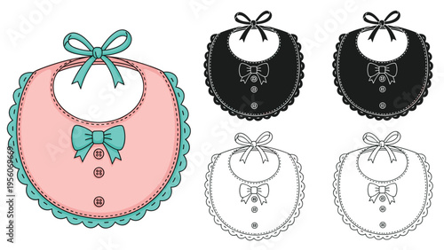 Baby bib illustration presented in full color pink and turquoise along with black, white, and outline versions for design use.
