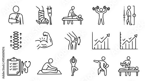Vector graphic illustration of physical therapy and rehabilitation icons set
