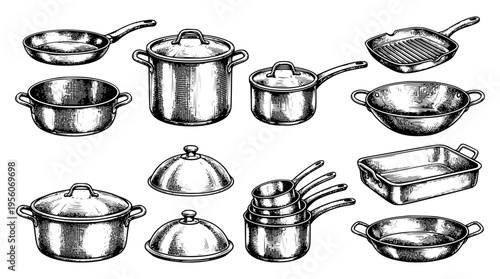 Various kitchen pots and pans in a vector illustration