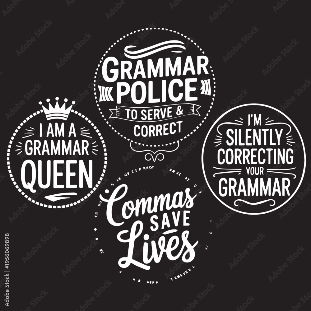 Fototapeta premium Grammar police circles on black background featuring white chalk style typography for school education