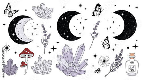 Mystical collection of celestial and natural elements includes crescent moons with stars purple crystals red mushrooms butterflies and lavender sprigs.