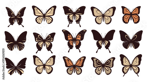 Collection of various butterfly silhouettes with decorative patterns in brown and tan colors isolated on white.