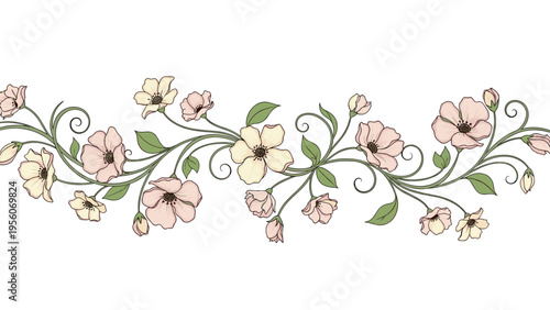 Elegant horizontal floral border featuring delicate pink and cream flowers with green leaves and swirling vines.