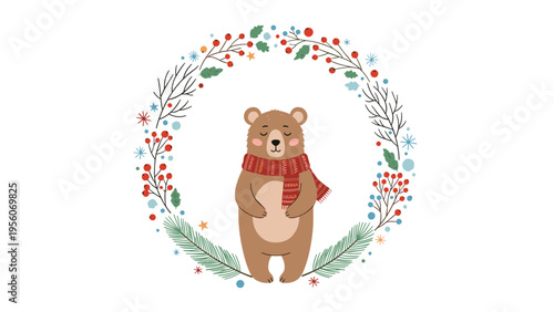 Friendly brown bear wearing a warm red knitted scarf stands centered within a decorative winter wreath of pine branches and red berries.