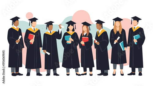Group of diverse graduates in traditional black academic gowns and caps holding diplomas and books in flat style.