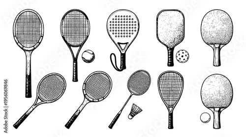 Various rackets and bats for playing different sports