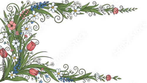 Delicate floral corner border features a variety of colorful spring flowers including red tulips white daisies and blue forget me nots with swirls.
