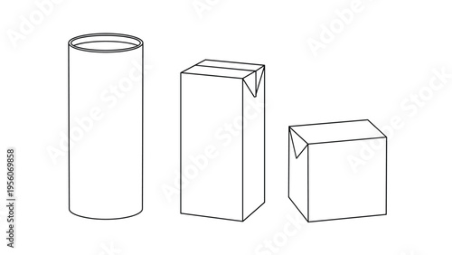 Collection of three different blank white packaging containers including a cylinder tube and two paper cartons.