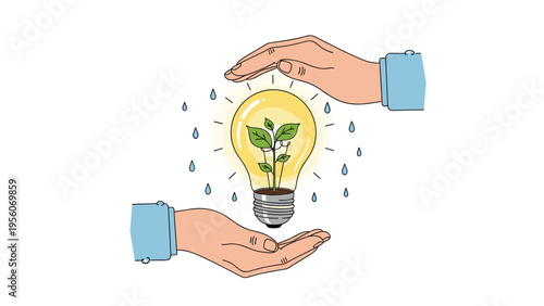 Conceptual illustration shows two hands sheltering a glowing lightbulb containing a green sprout while rain falls gently around the symbol of green energy.