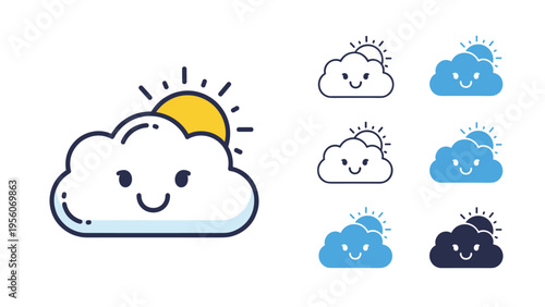 Collection of cute smiling weather icons featuring sun peaking from behind a cloud in various color and line styles.