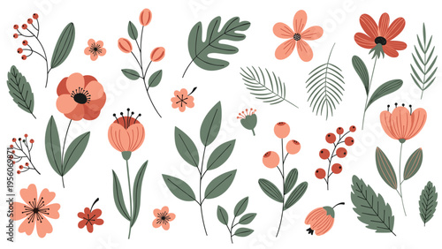 Collection of hand drawn floral elements including flowers, leaves, and berries in warm orange and muted green tones.