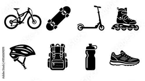 Various recreational sports equipment and accessories illustrated