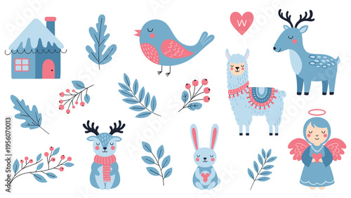 Delightful collection of winter themed icons features a snowy house cute animals like deer and llamas a bird and a little angel in blue and pink.
