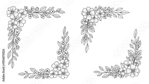 Two sets of delicate floral corner designs in black and white line art style for elegant stationery and invitations.
