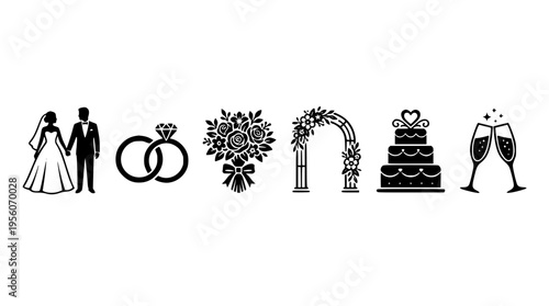 Wedding icons including bride groom rings bouquet arch cake