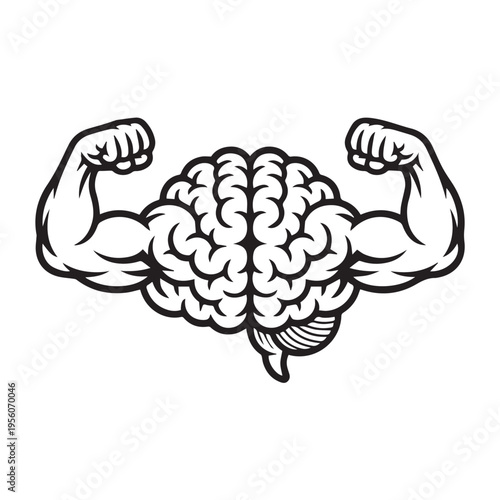 Strong brain with flexed biceps muscles, representing intelligence, knowledge, and mental power. Fitness symbol