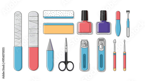 Professional collection of manicure and pedicure tools including nail files, clippers, scissors, and colorful nail polish.