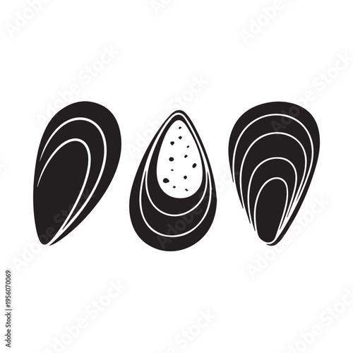 Three mussel shells, one open showing inside, representing seafood, food, and healthy diet. Simple graphic icons