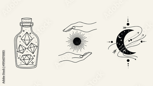 Set of three mystical line art symbols includes crystals in a glass jar hands holding a sun and a crescent moon with arrows and stars.