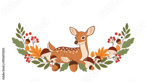 Charming fawn resting peacefully amongst a vibrant arrangement of autumn leaves, mushrooms, acorns, and red berries.
