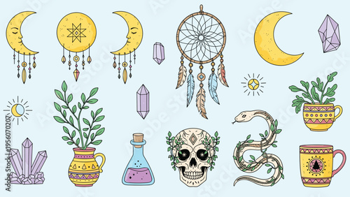 Mystical boho collection with dreamcatchers crystals a skull snake and moon symbols in a vintage spiritual style.