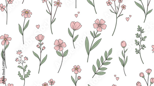 Seamless pattern design featuring delicate hand-drawn pink flowers and small hearts scattered across a white background.