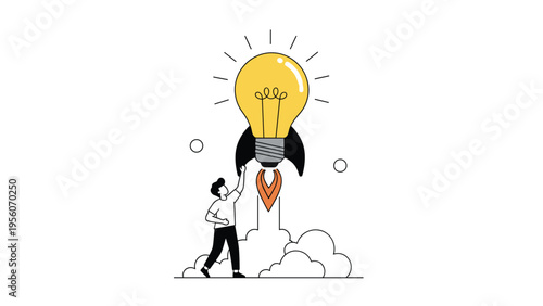Innovative business concept showing a person launching a light bulb rocket to represent a successful new startup idea.