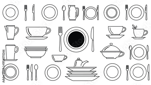 Comprehensive set of tableware and kitchenware icons in line art including plates cups cutlery and serving dishes for dining.