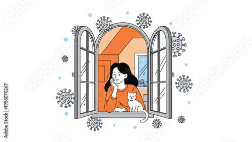 Woman and cat looking out of a window while staying safe during a pandemic with virus particles floating in the air.