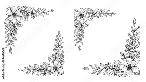 Set of elegant hand drawn floral corner borders and frames for invitations wedding cards and stationery decorations.