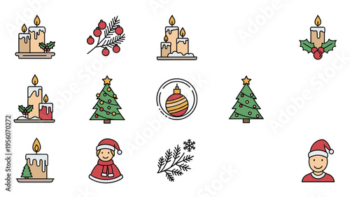 Festive collection of Christmas icons featuring candles decorated trees holly berries and cute winter characters for holidays.