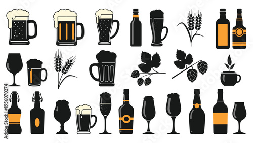 Collection of beer and brewery icons including mugs bottles various glass shapes hops and wheat symbols for bar designs.
