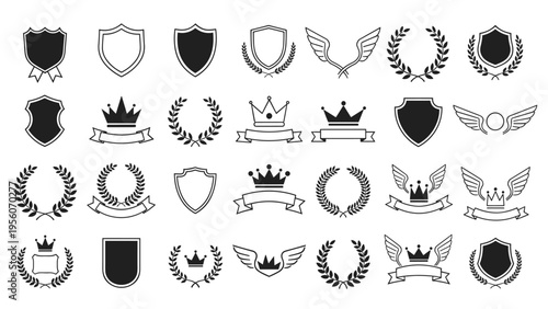 Heraldic design elements set with shields crowns laurel wreaths wings and banners for logos emblems and royal branding.
