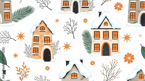 Winter themed seamless pattern with snow covered houses, pine branches, stars, and dried flowers on a white background.