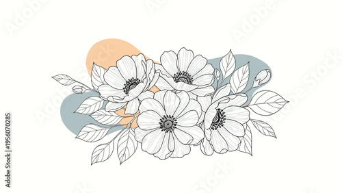 Delicate hand drawn flower bouquet with fine line details and soft colored abstract shapes for elegant floral designs.