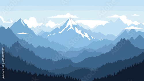 Blue mountain landscape with layered ranges pine forests and a snow capped peak under a clear sky for nature backgrounds.