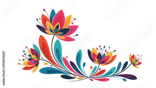 Vibrant stylized floral illustration featuring colorful flowers and flowing leaves for artistic greeting cards and decorations.