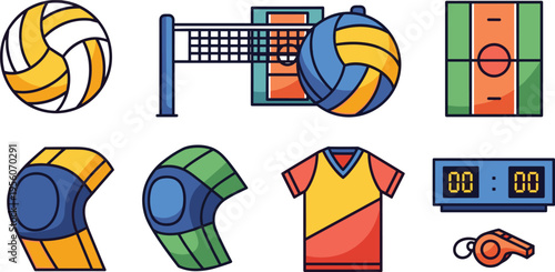 Volleyball Sport Icon Set with Ball, Net, Court, Jersey, Knee Pads, Whistle, and Scoreboard for Game Equipment, Training, Competition, and Athletic Activity Design