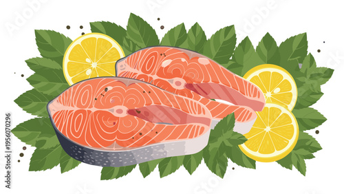 Two fresh raw salmon steaks presented on a bed of green basil leaves and surrounded by lemon slices and peppercorns.