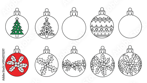 Collection of Christmas bauble illustrations with various festive patterns for coloring and holiday greeting card designs.