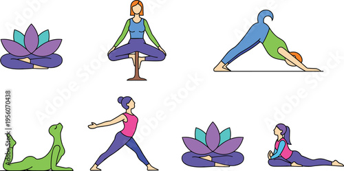 Yoga Pose Collection with Women Practicing Meditation, Stretching Exercises, Lotus Position, and Fitness Asanas for Wellness, Healthy Lifestyle, Mindfulness, and Body Balance